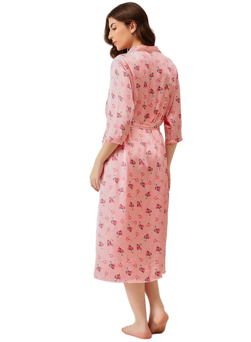 Clovia Pink Floral Print Long Nighty & Robe Set in Light Pink - Satin for Women | Best Price UAE